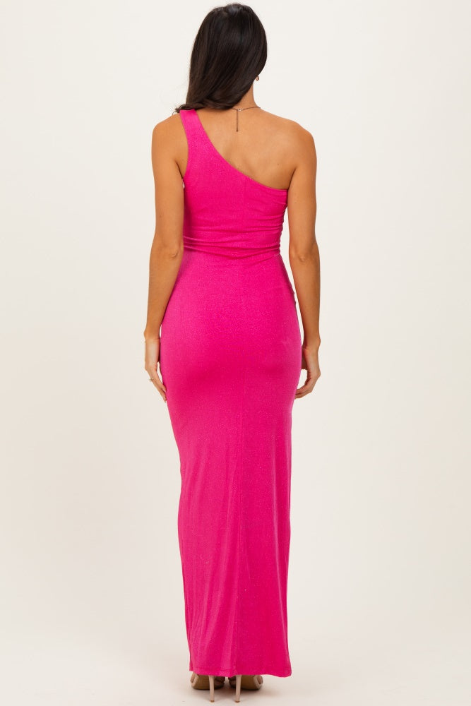 Pink Glitter One Shoulder Side Slit Maxi Dress