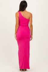 Pink Glitter One Shoulder Side Slit Maxi Dress