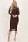 Brown Printed Mesh Long Sleeve Midi Dress