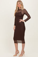 Brown Printed Mesh Long Sleeve Midi Dress