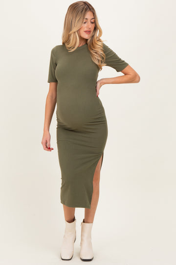 Olive Ruched Side Slit Maternity Midi Dress