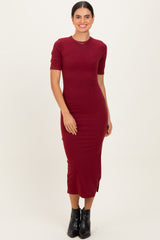 Burgundy Ruched Side Slit Midi Dress