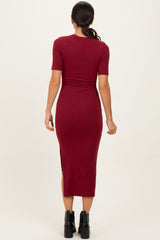 Burgundy Ruched Side Slit Midi Dress