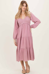 Dusty Rose Smocked Long Sleeve Maternity Midi Dress