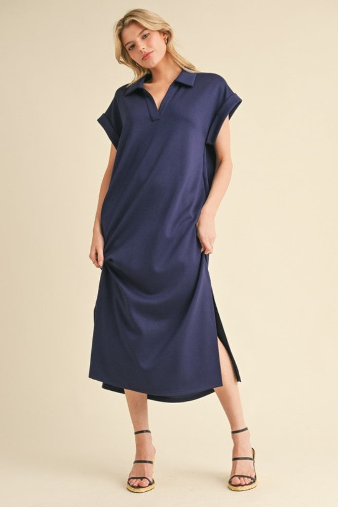 Navy Collared Oversized Midi Dress