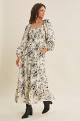 Cream Floral Smocked Long Sleeve Maxi Dress