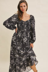 Charcoal Floral Smocked Long Sleeve Maxi Dress
