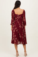 Burgundy Floral Textured Midi Dress