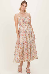 Cream Floral Smocked Ruffle Detail Maternity Midi Dress
