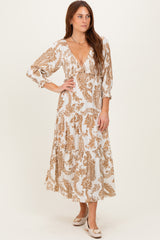 Mocha Damask Smocked Ruffle Tier Maternity Midi Dresses