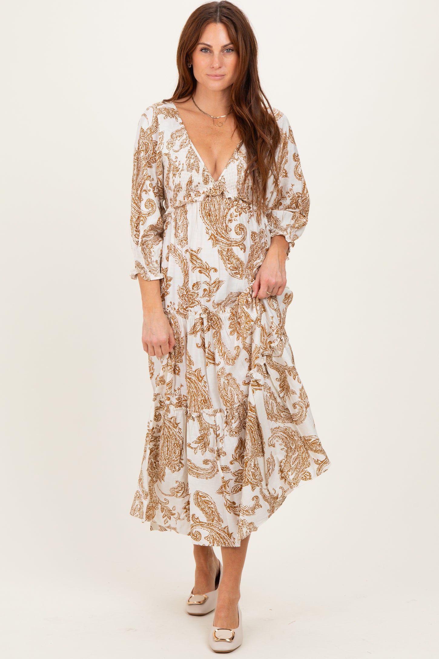 Mocha Damask Smocked Ruffle Tier Midi Dresses