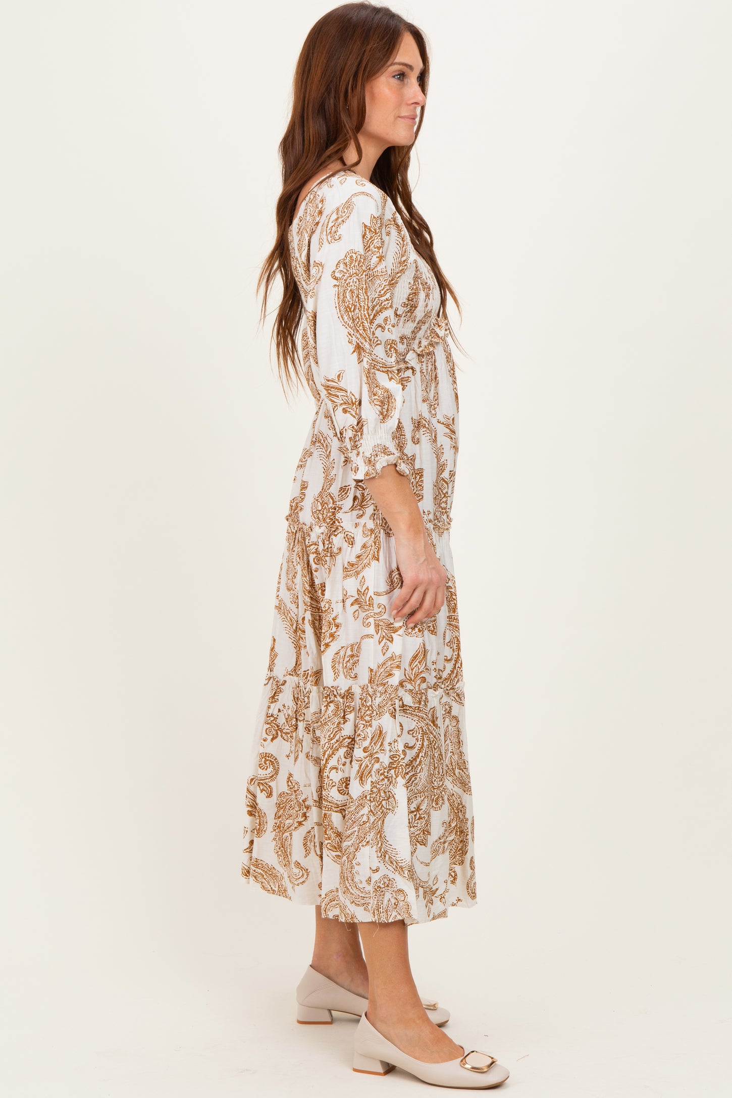 Mocha Damask Smocked Ruffle Tier Midi Dresses
