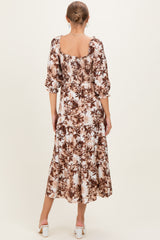 woman wearing a brown floral print maternity dress with puff sleeves and tiered skirt, showing her baby bump from the back