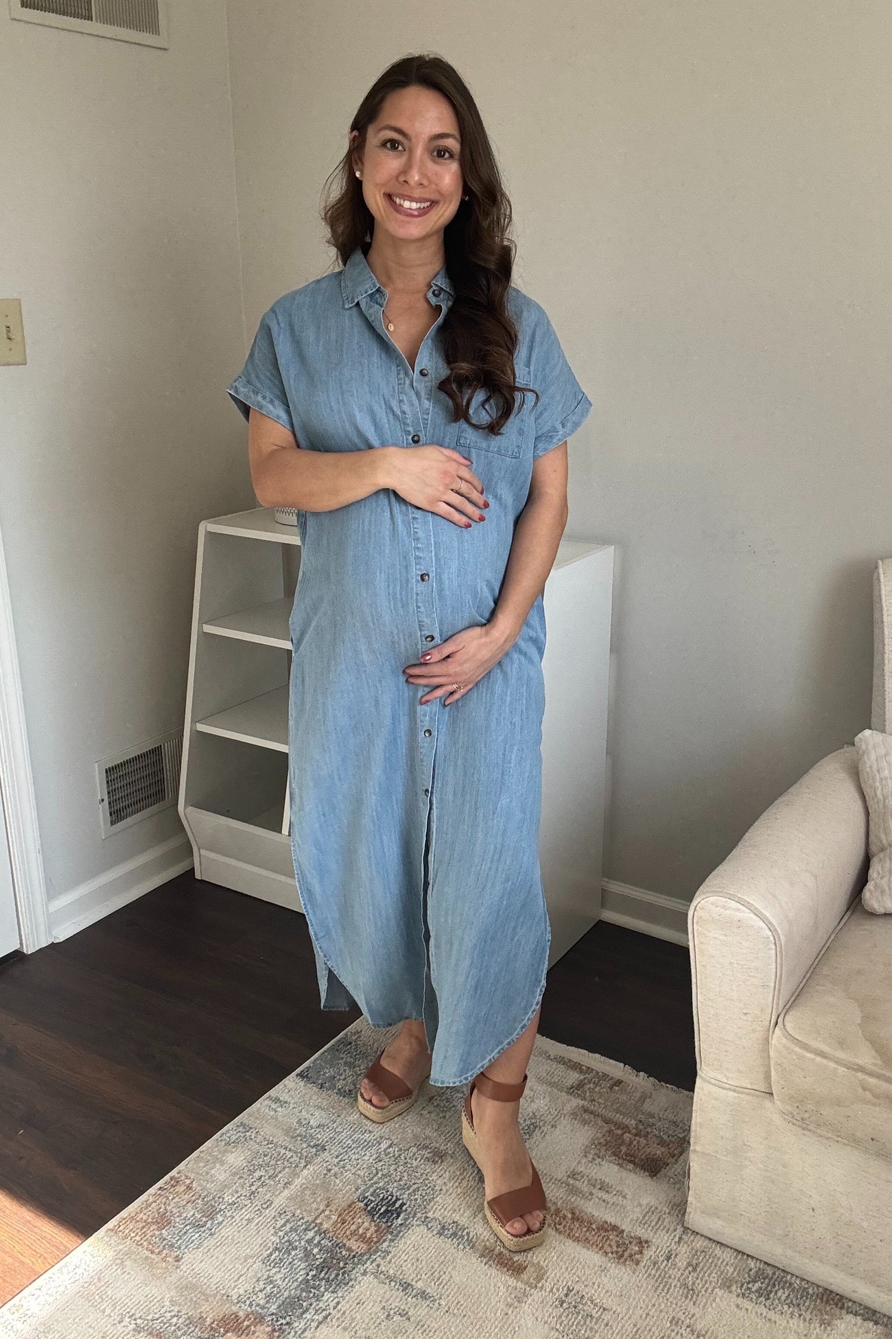 Light Blue Chambray Button Down Maternity Shirt Dress