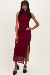 Burgundy Mock Neck Ruched Mesh Midi Dress