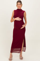 Burgundy Mock Neck Ruched Mesh Maternity Midi Dress