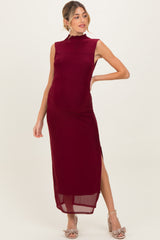 Burgundy Mock Neck Ruched Mesh Maternity Midi Dress