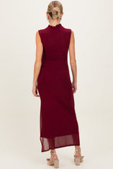 Burgundy Mock Neck Ruched Mesh Maternity Midi Dress