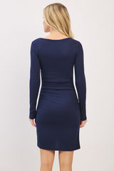 Navy Ribbed Long Sleeve Ruched Tulip Skirt Dress