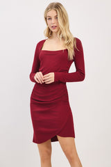 Burgundy Ribbed Long Sleeve Ruched Tulip Skirt Dress