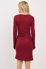 Burgundy Ribbed Long Sleeve Ruched Tulip Skirt Dress