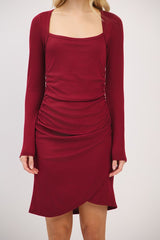 Burgundy Ribbed Long Sleeve Ruched Tulip Skirt Dress