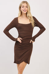 Brown Ribbed Long Sleeve Ruched Tulip Skirt Dress