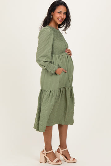 Olive Textured Stripe Smocked Maternity Midi Dress