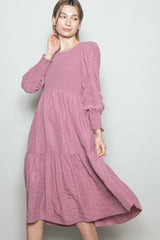Mauve Textured Stripe Smocked Midi Dress