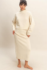 Cream Waffle Knit High Neck Sweater Skirt Set