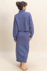 Dusty Navy Waffle Knit High Neck Sweater Skirt Set