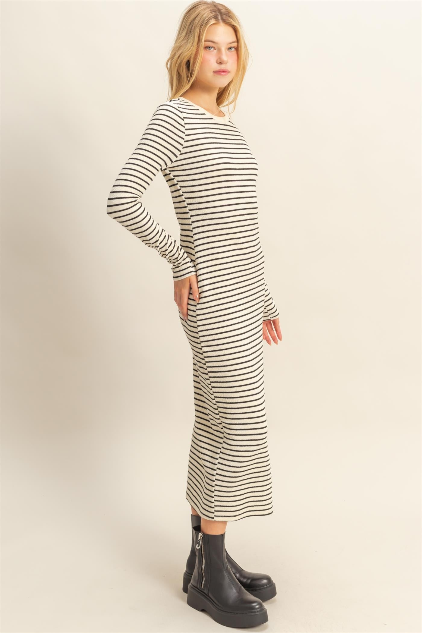 Cream Striped Long Sleeve Midi Dress
