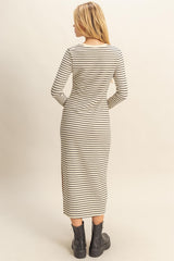 Cream Striped Long Sleeve Midi Dress