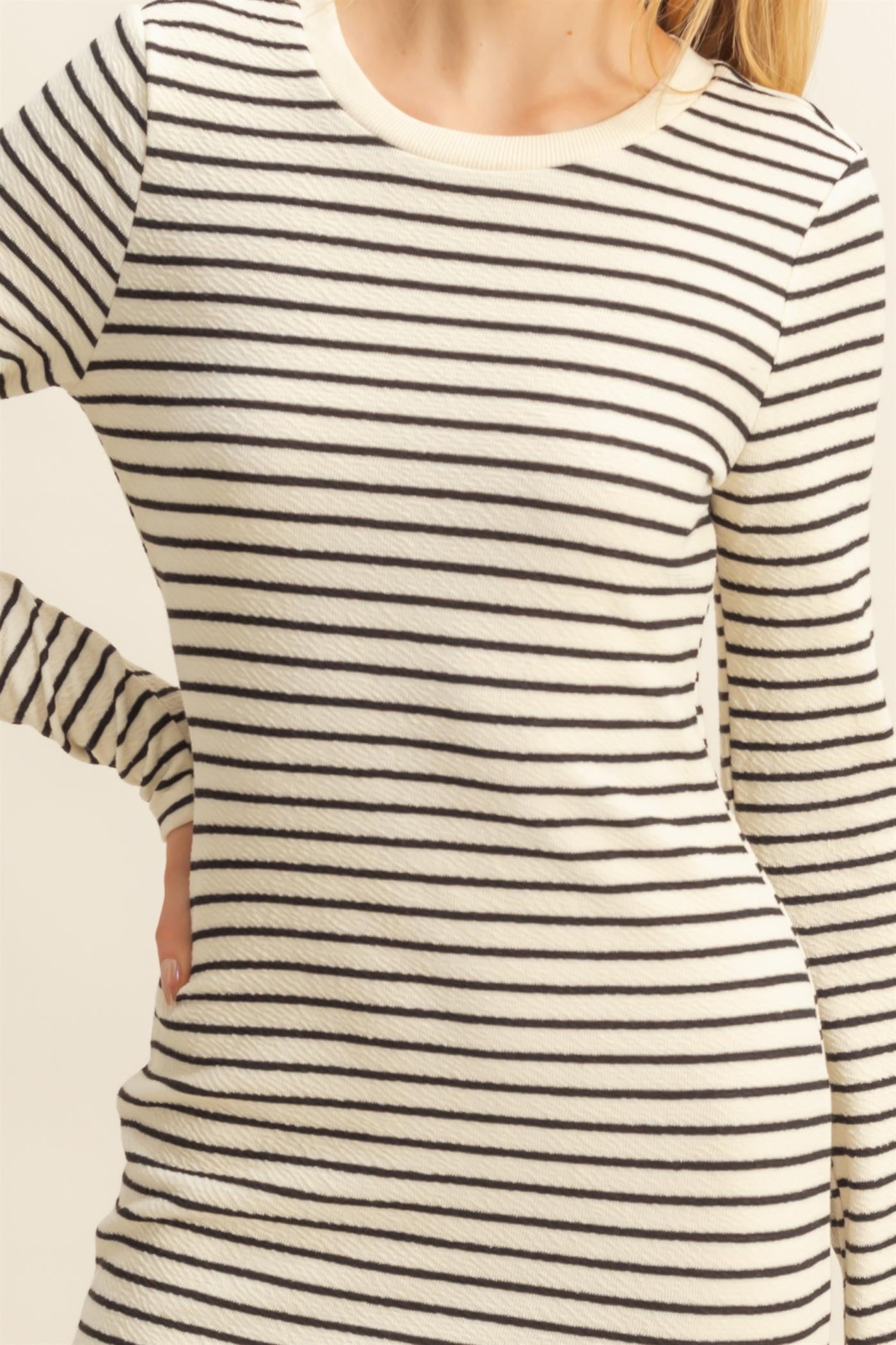 Cream Striped Long Sleeve Midi Dress
