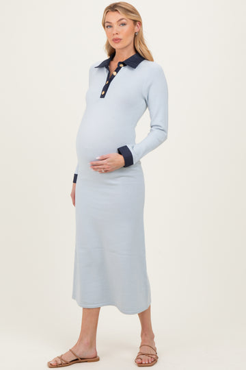 Light Blue Denim Trim Maternity Knit Dress