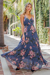 Dusty Blue Floral V-Neck Sleeveless Maxi Dress