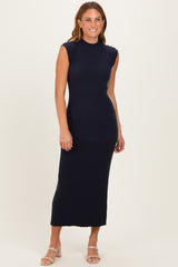 Navy Ribbed Knit Mock Neck Maxi Dress