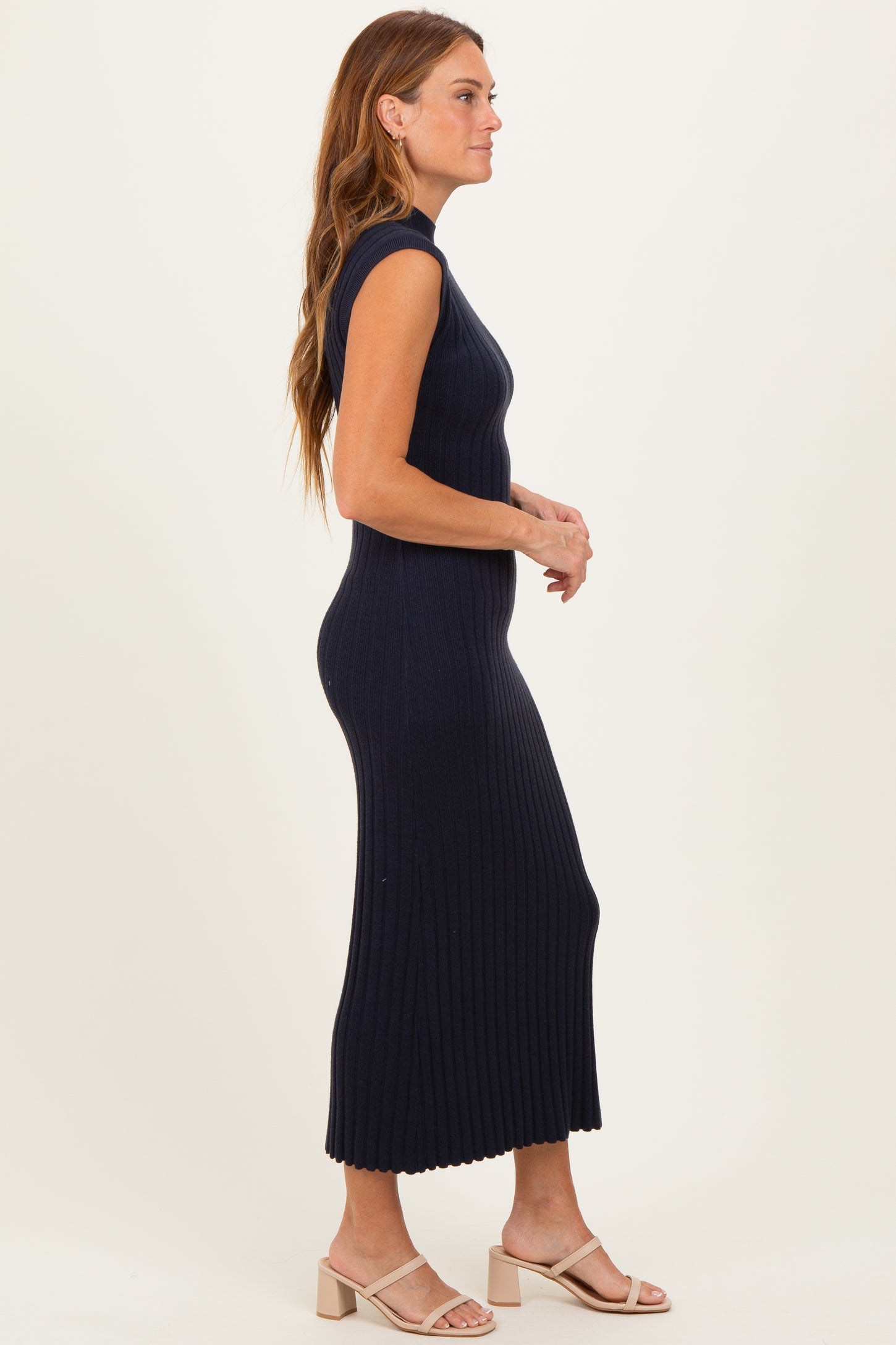 Navy Ribbed Knit Mock Neck Maxi Dress