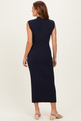 Navy Ribbed Knit Mock Neck Maxi Dress