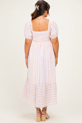 woman wearing a striped maternity maxi dress with puff sleeves and a smocked bodice, showing a baby bump from the back