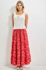 Red Floral Tiered Maternity Maxi Skirt