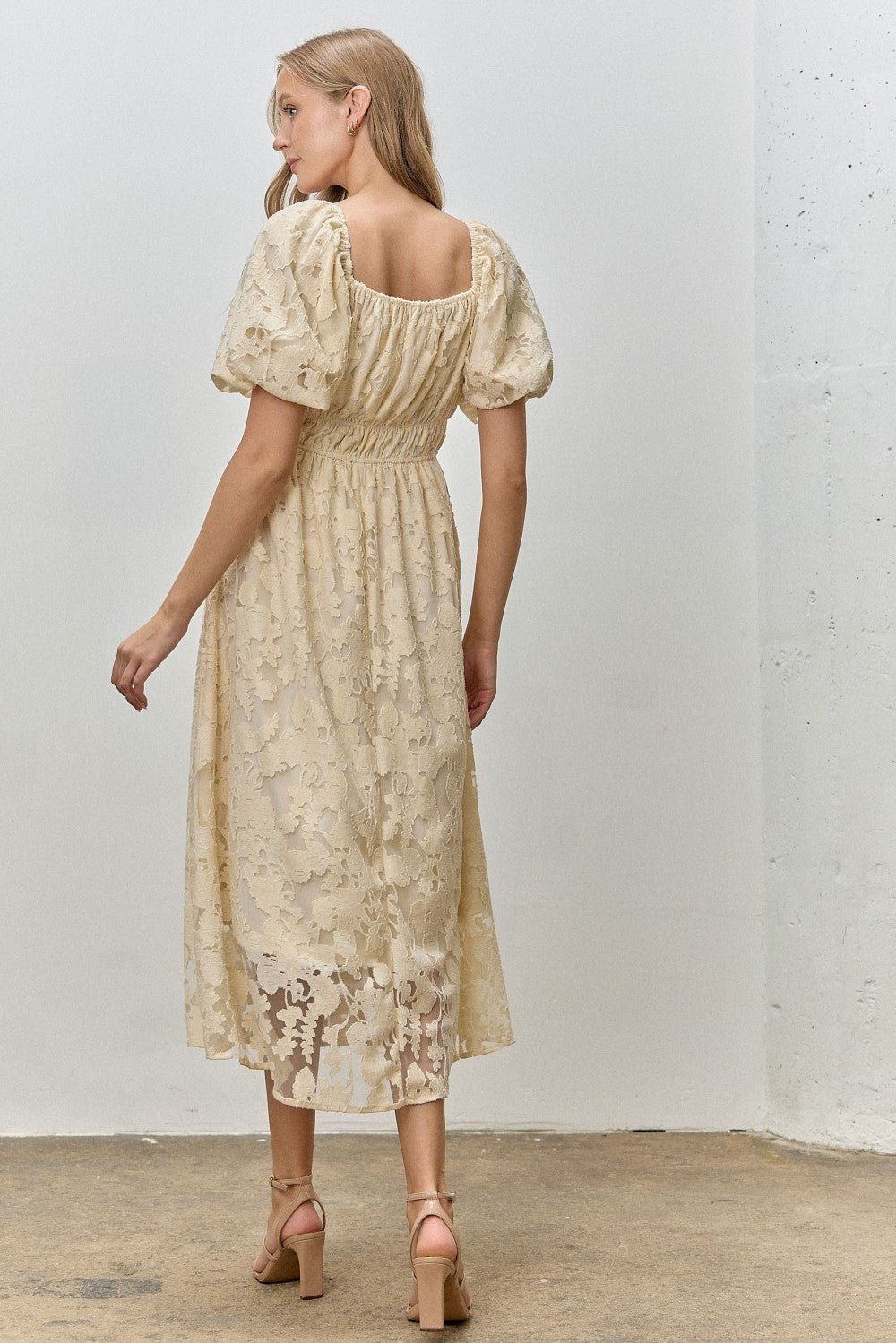 Cream Lace Puff Sleeve Midi Dress