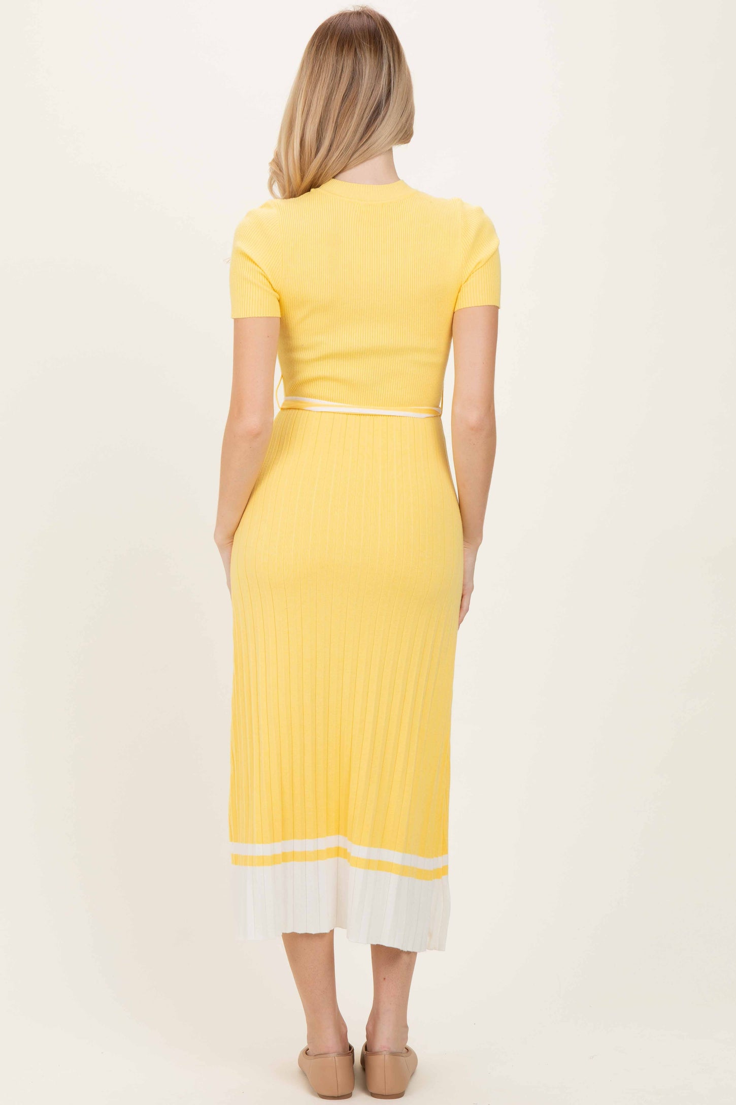 Yellow Knit Pleated Sash Tie Midi Dress