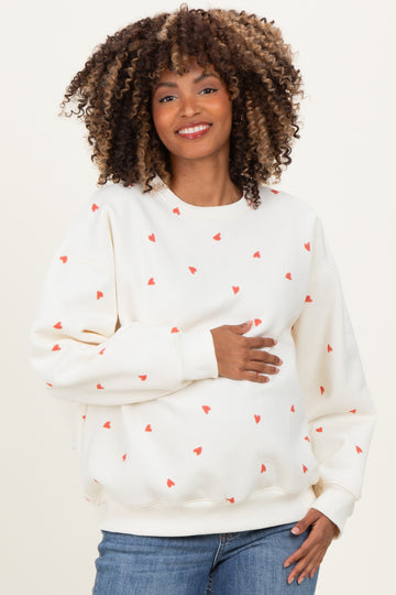 Cream Crew Neck Heart Print Maternity Sweatshirt