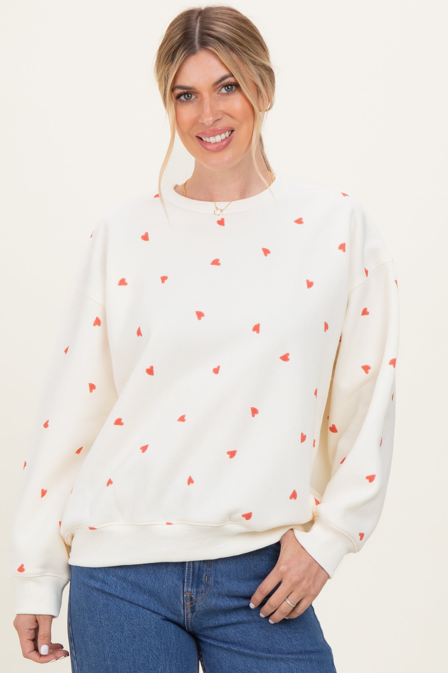 Cream Crew Neck Heart Print Maternity Sweatshirt