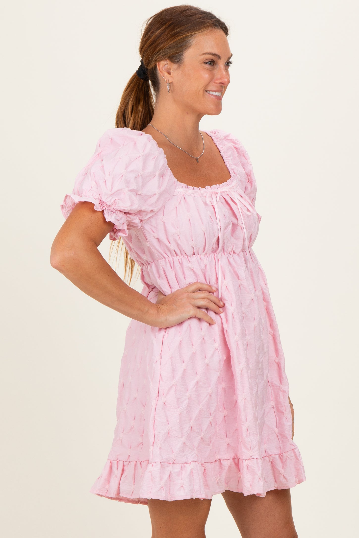 Pink Textured Puff Sleeve Dress