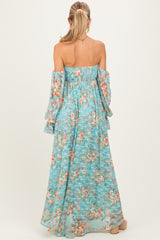 Mint Floral Lace Smocked Long Sleeve Off Shoulder Maternity Maxi Dress