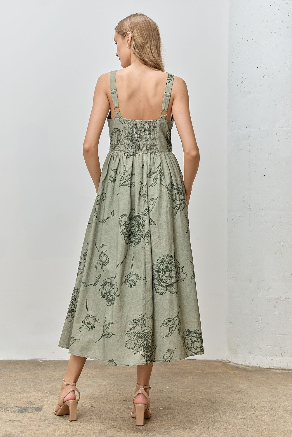 Light Olive Floral Sleeveless Midi Dress