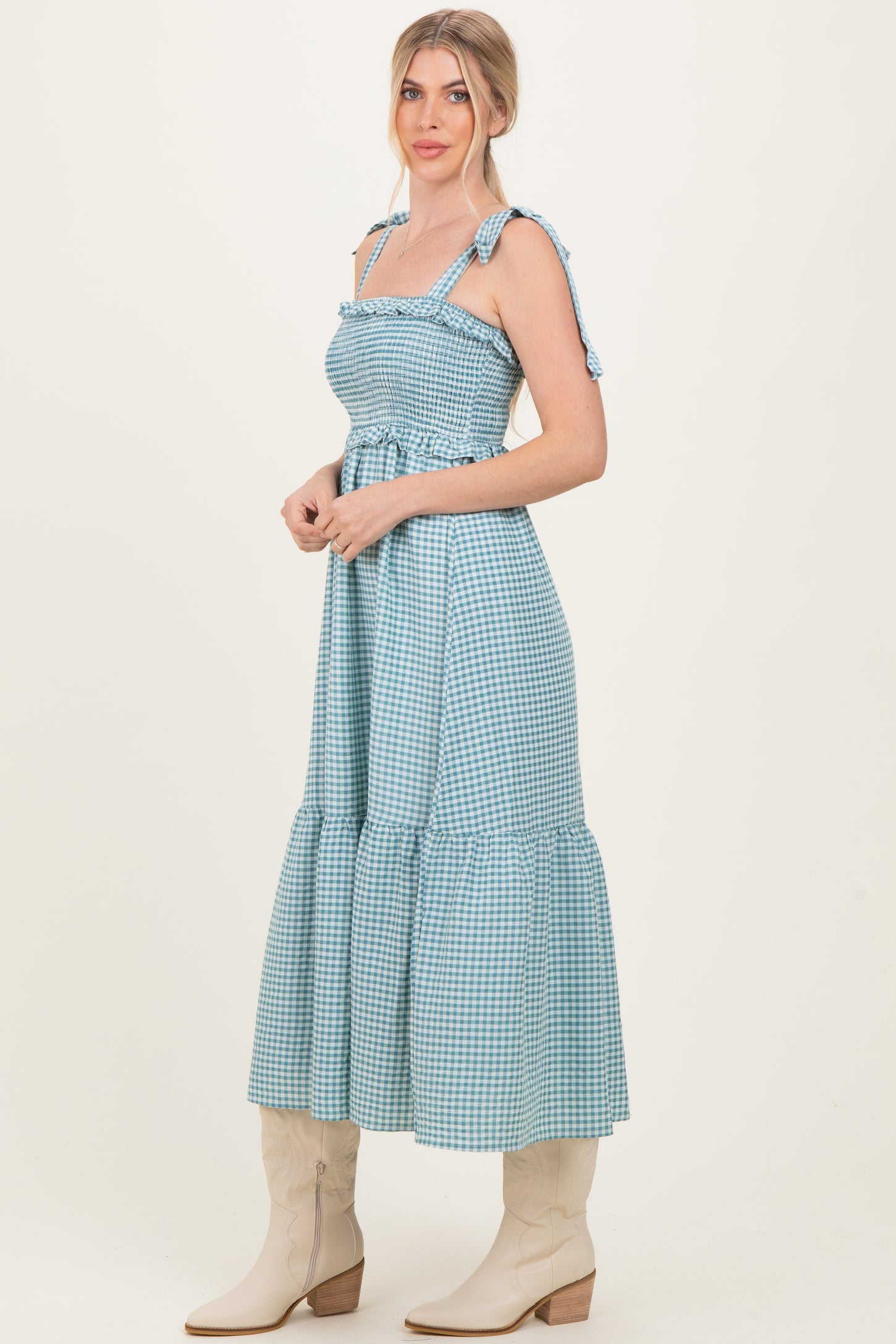 Blue Gingham Smocked Shoulder Tie Midi Dress