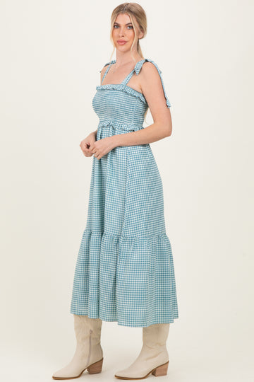 Blue Gingham Smocked Shoulder Tie Midi Dress